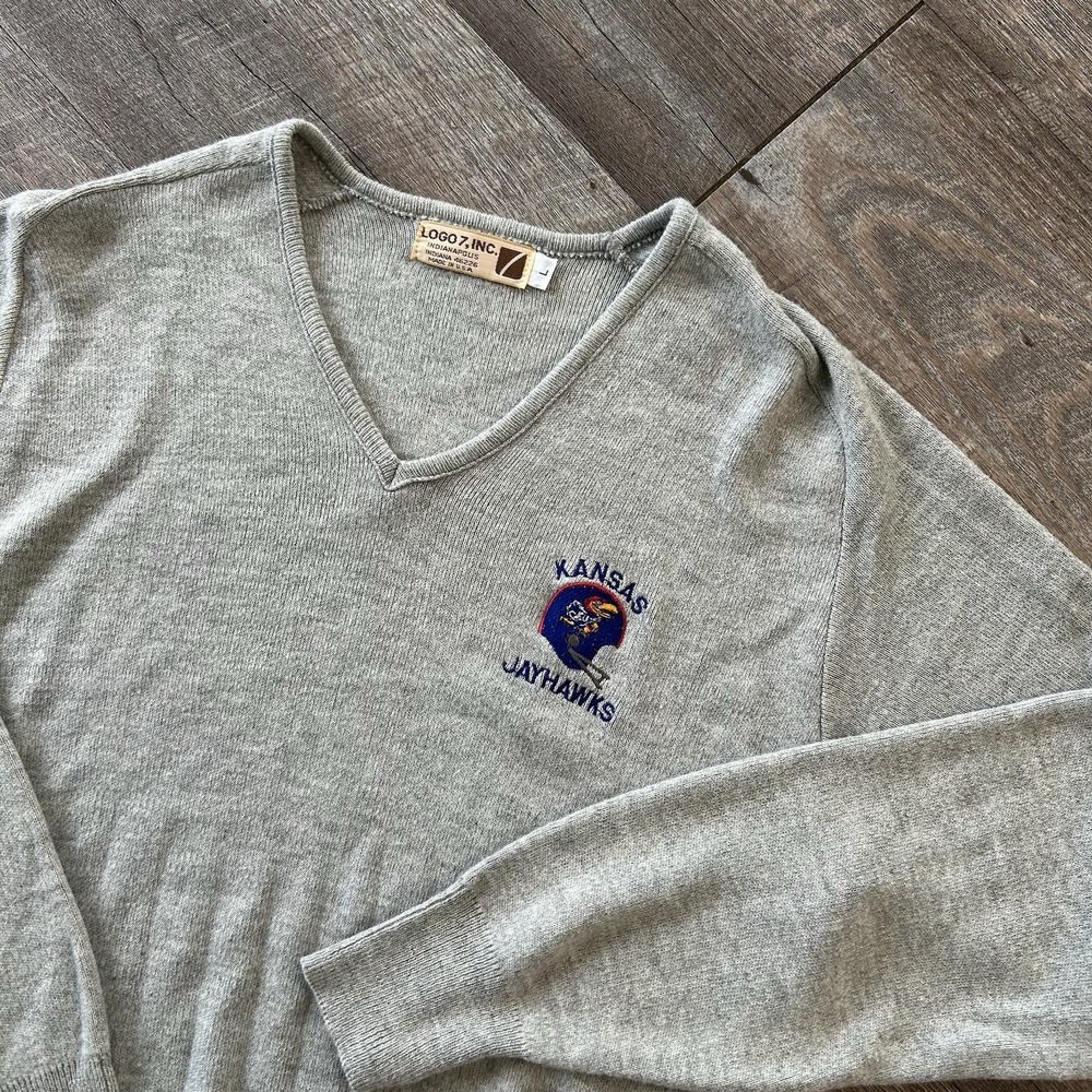 Vintage 1980s Kansas Jayhawks V-Neck Sweater Logo 7 Made in USA Size Large